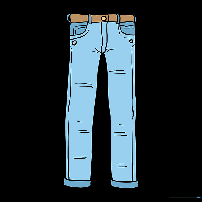 A finished, colored drawing of a pair of blue jeans.