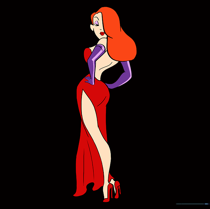 The final colored drawing of Jessica Rabbit wearing her signature red dress and purple gloves.