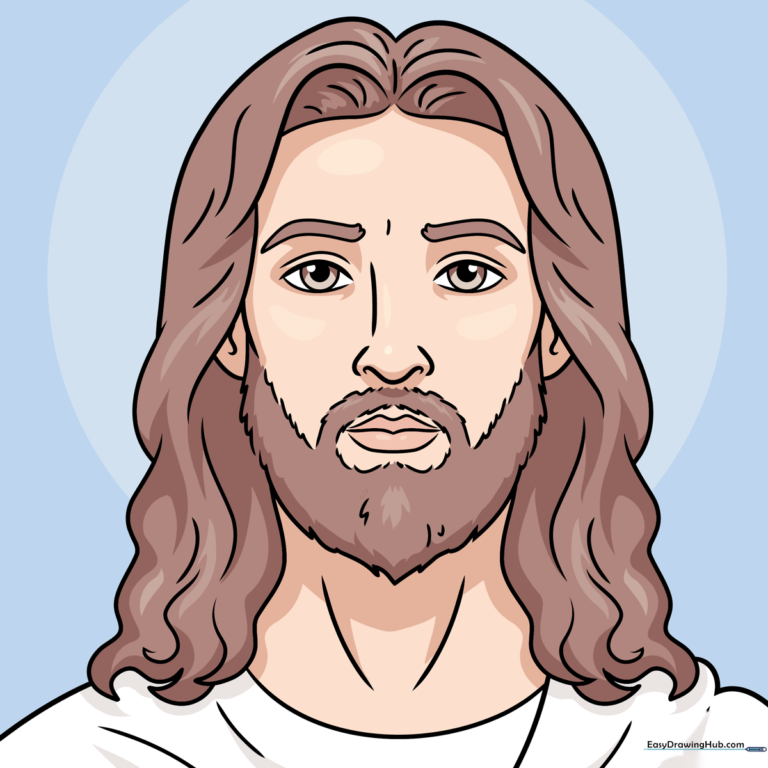 A completed, colored drawing of Jesus' face, showcasing a gentle and kind expression.