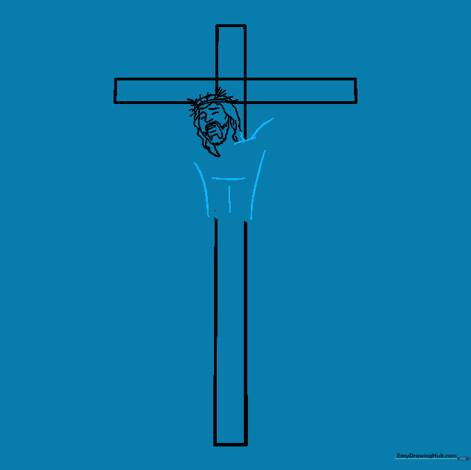 Pencil outline of the upper torso and shoulders added to the cross.