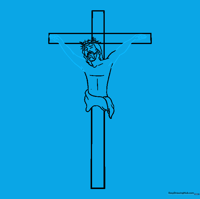 Pencil sketch of arms extended along the crossbar with simple hand outlines.