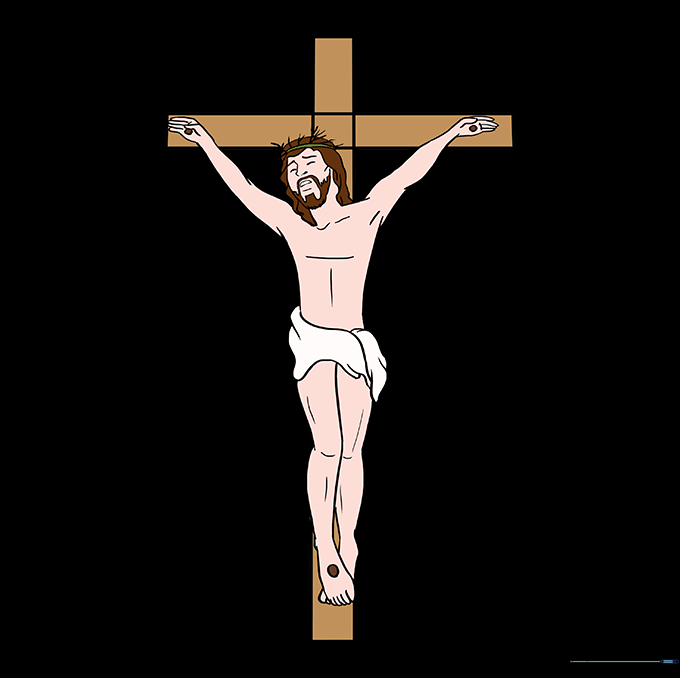 The final colored drawing of Jesus on the cross with wood-grain and skin tones.