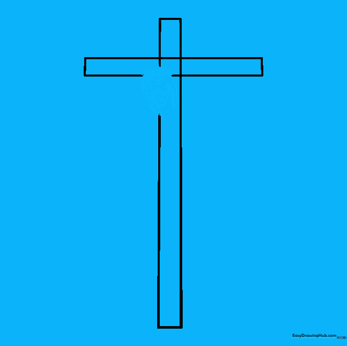 A pencil sketch of a head with hair and a crown of thorns positioned at the top of the cross.