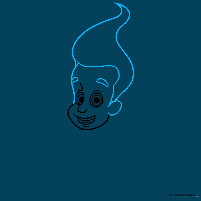 Drawing the outline of Jimmy Neutron's large forehead and iconic quiff hairstyle.