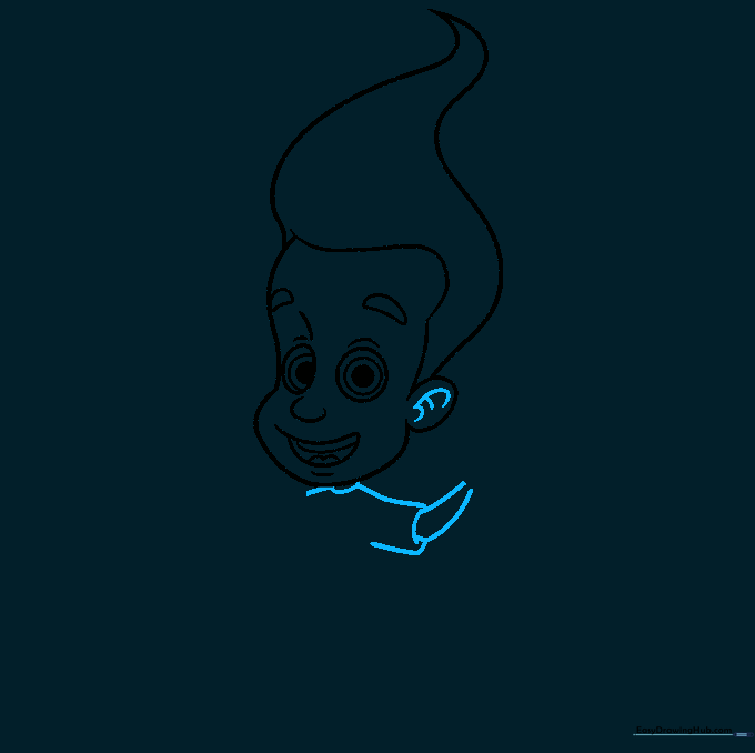 Sketching the neck, ear details, and the beginning of Jimmy Neutron's shirt sleeves.