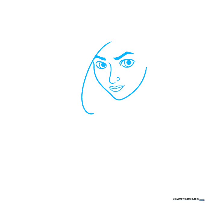 Close-up sketch of Jinx's eyes, eyebrows, nose, and mouth showing initial facial proportions.
