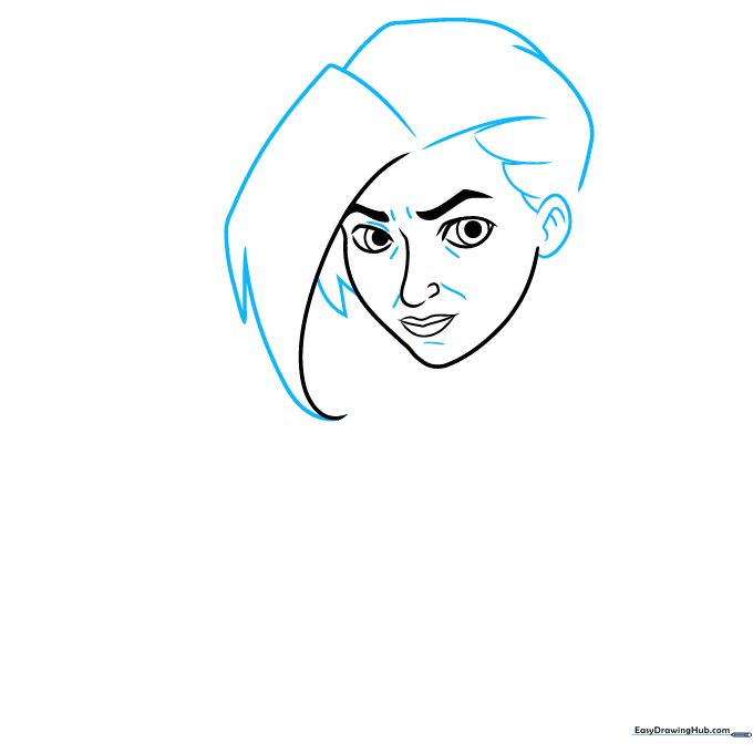 Drawing Jinx's hair framing her face and adding the ear detail.