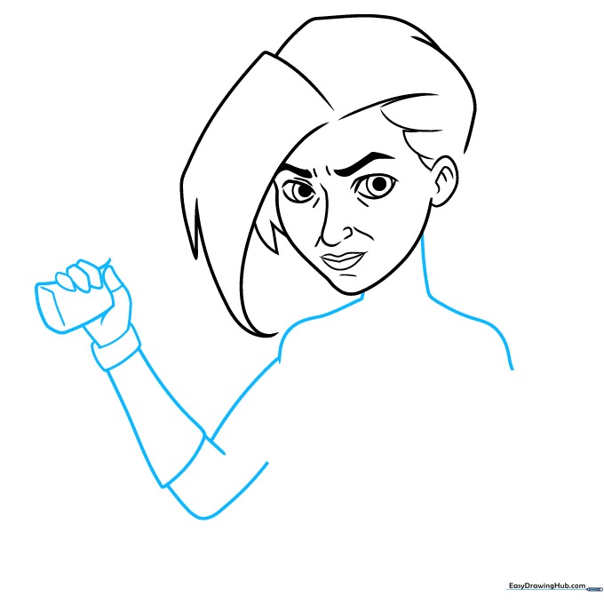 Sketching the neck, shoulders, and the base of the left arm with armbands.