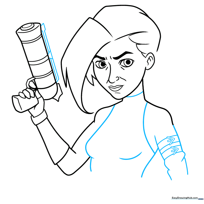 Adding clothing folds and weapon details to the Jinx character sketch.