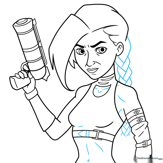 Detailed sketch of Jinx's long braided hair.