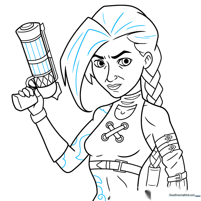 Clean black ink outline of the Jinx character drawing.