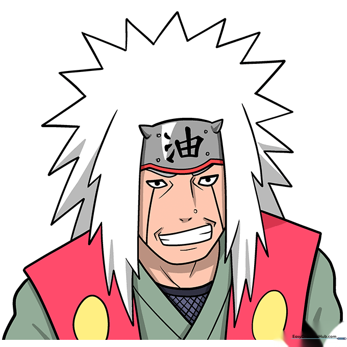 Final colored Jiraiya drawing with vibrant red, yellow, and green clothing