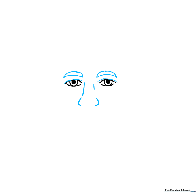 Drawing the eyebrows with textured lines and the bridge of the nose.