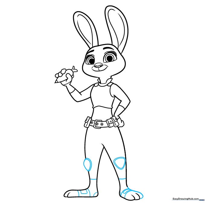 Adding knee pads and shoe details to the character drawing.