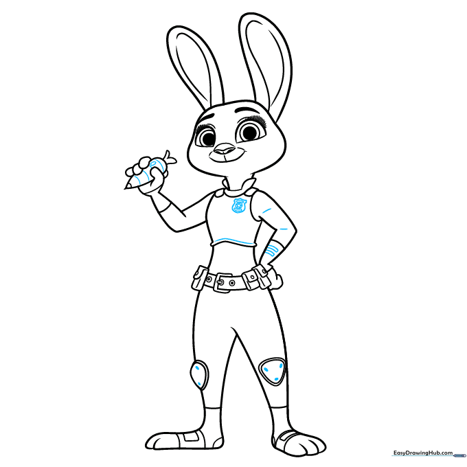 Finalizing the badge and clothing details on the Judy Hopps drawing.