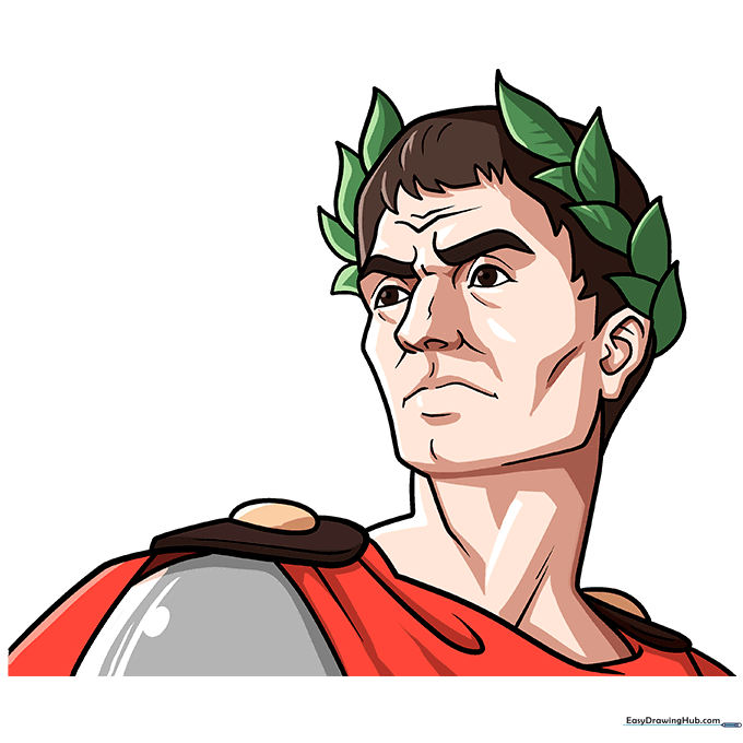 Finished, colored portrait of Julius Caesar wearing a green laurel wreath and a purple cape.
