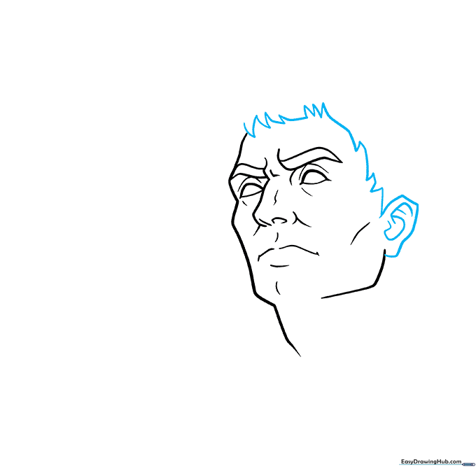 Drawing of the ear and textured hairline of a Roman leader.