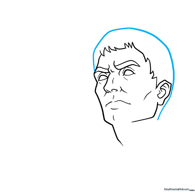 Pencil outline showing the complete shape of Caesar's head.