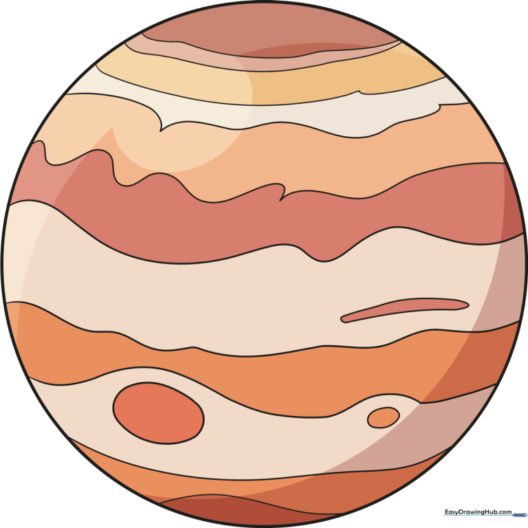 A colorful, finished illustration of the planet Jupiter for a drawing tutorial.