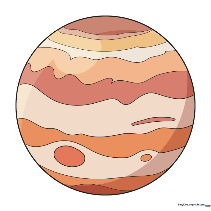 A fully colored, vibrant drawing of Jupiter showing its signature bands and red spot.