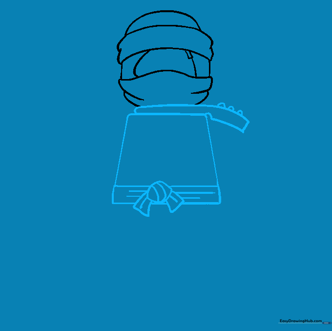 Sketching the torso, belt, and knot details for the ninja uniform.