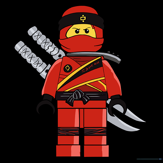 The final colored drawing of Kai from Ninjago in his signature red and black outfit.