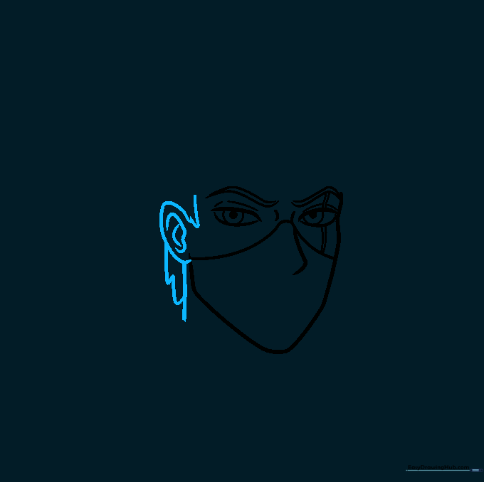 Drawing the ear and the beginning of the hair spikes on the side of the head.
