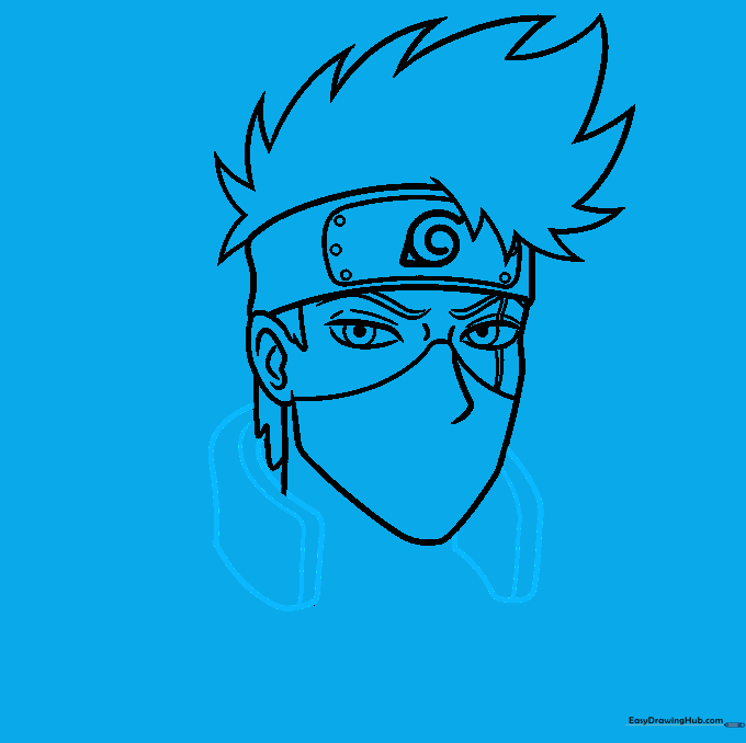 Sketching the high collar of the ninja uniform.