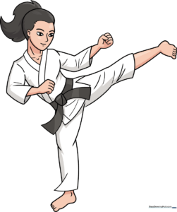 A vibrant, completed drawing of a karate fighter in a dynamic pose, ready for coloring.
