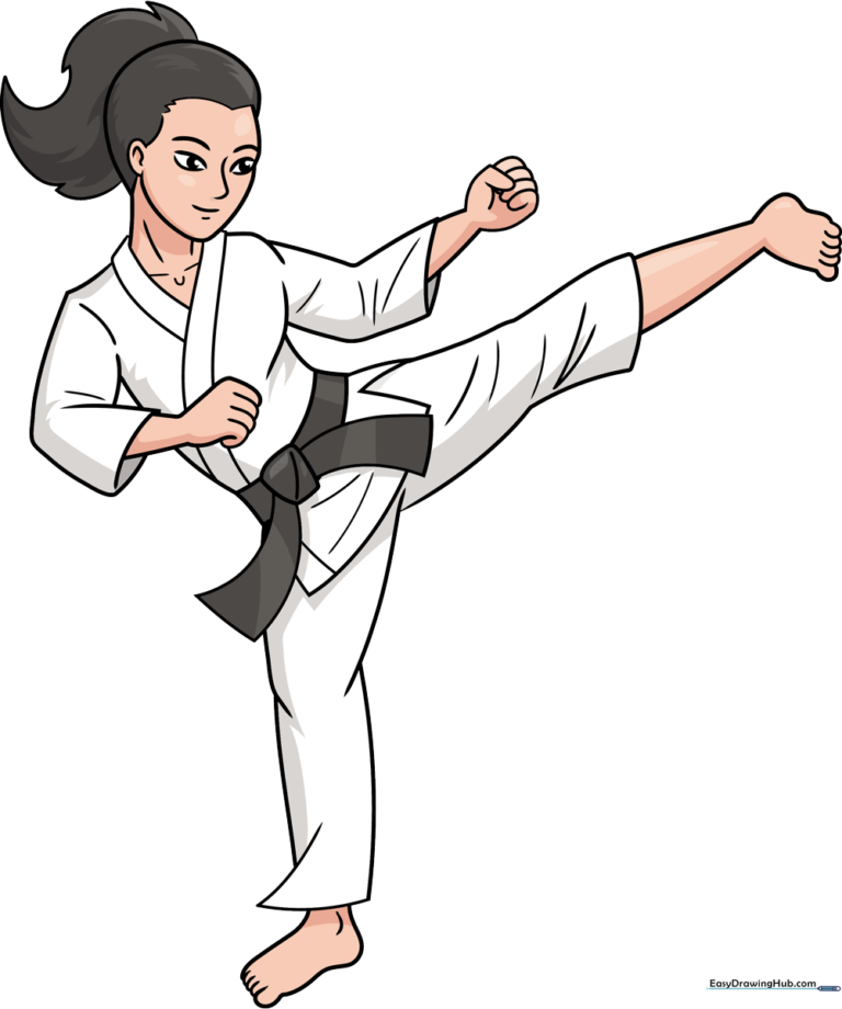 A vibrant, completed drawing of a karate fighter in a dynamic pose, ready for coloring.