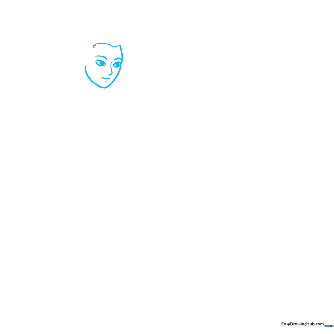 Pencil sketch showing the initial construction of a karate fighter's eyes, nose, and forehead shape.
