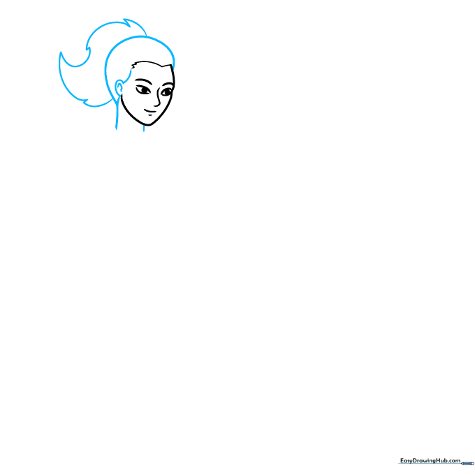 Drawing the hair outline and neck structure for the karate character.