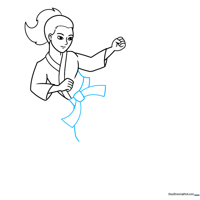 Sketching the torso and belt section of the karate uniform.