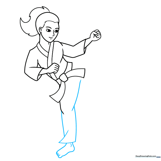 Drawing the legs and feet of the karate fighter with fabric folds.