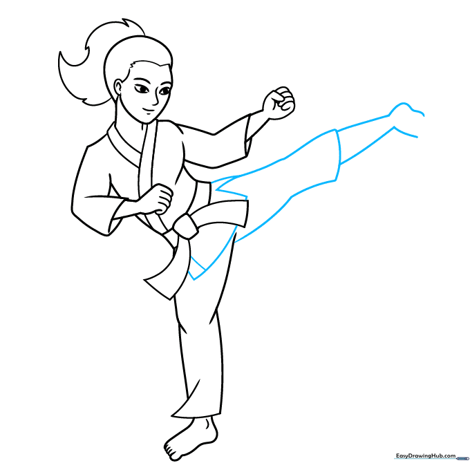 Adding the final leg and belt details to the karate fighter drawing.