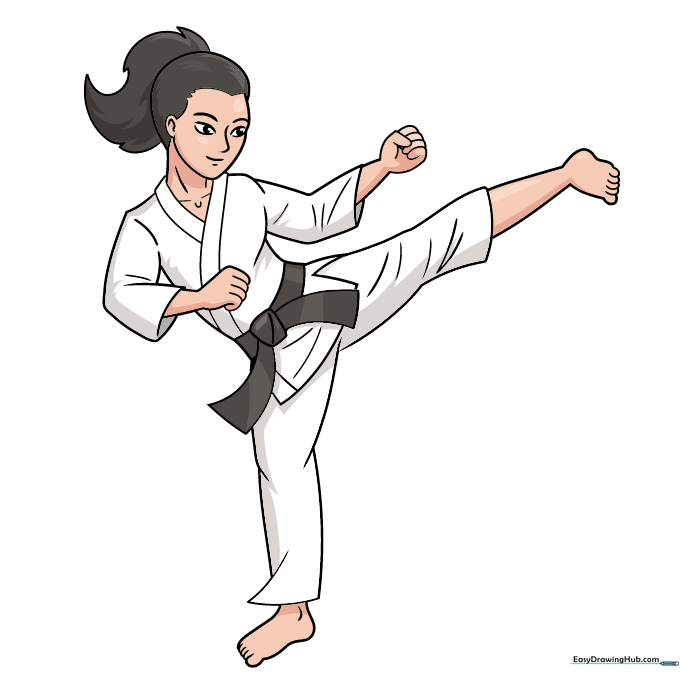 The finished, colored karate fighter drawing with shading on the uniform.