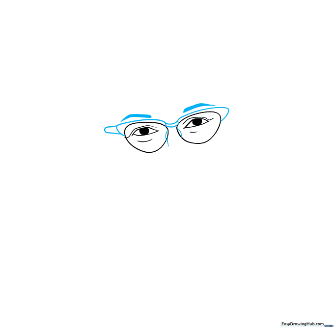 Drawing the bridge of the glasses, the nose bridge, and the arched eyebrows above the eyes.
