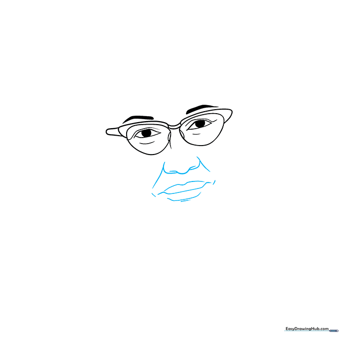 Detailed sketch of the nose, mouth, and cheek dimples for the Katherine Johnson portrait.