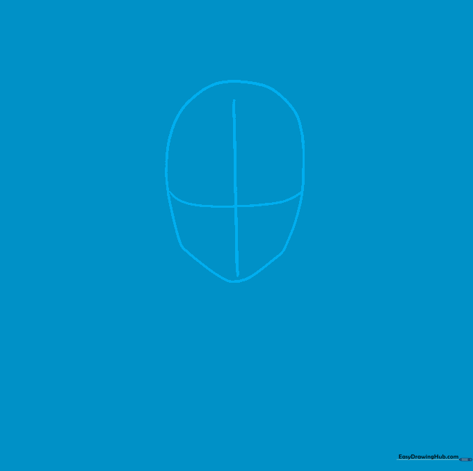 Pencil sketch of a rounded face shape with a T-shaped guide line for facial alignment.