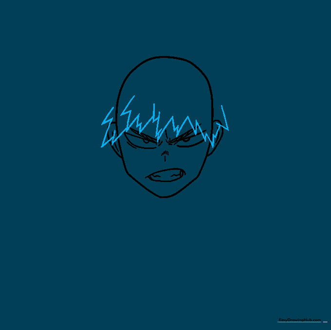 Initial sketch of Bakugo's spiky hair using zigzag lines across the forehead.