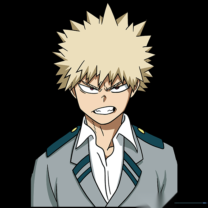 The finished, colored drawing of Katsuki Bakugo with his signature blond hair and red eyes.
