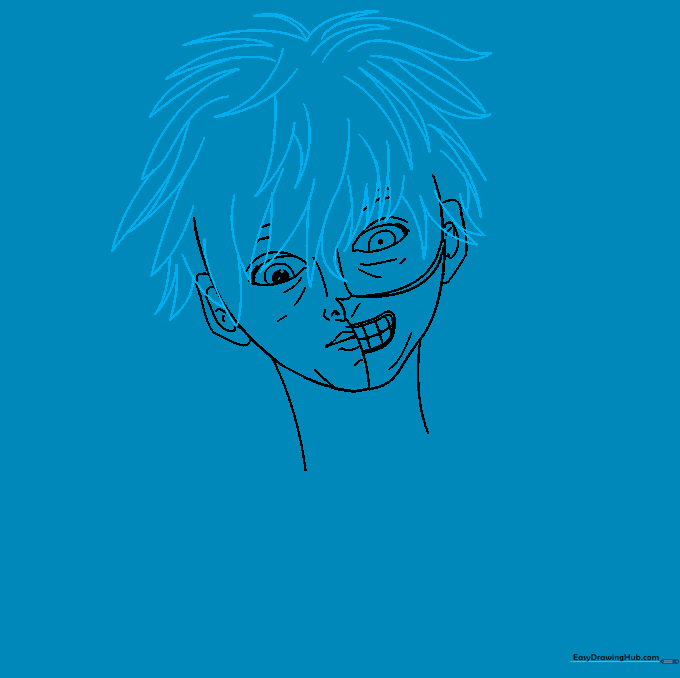Drawing the characteristic messy anime hair for Ken Kaneki.