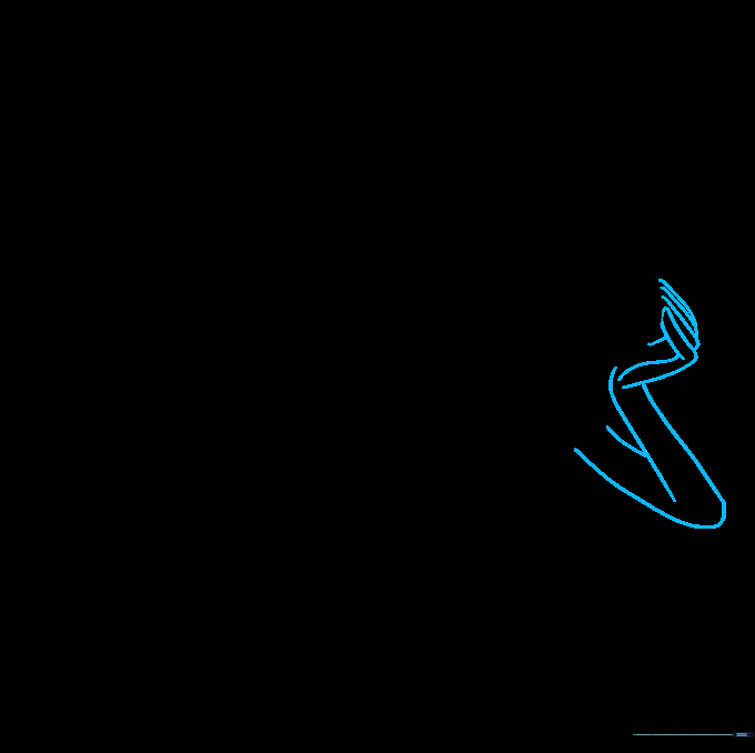 Drawing the first arm and hand with rounded fingers.