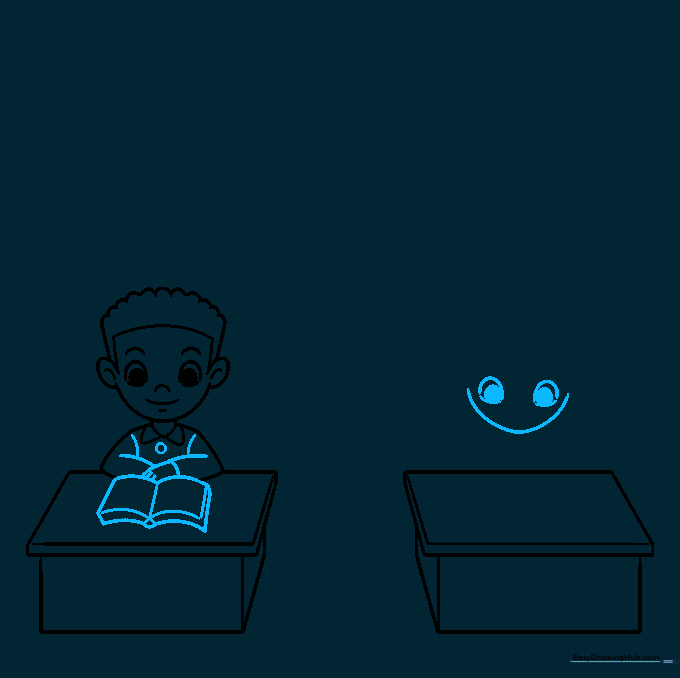 Sketch showing the first student with arms on a desk and the start of a second student's face.