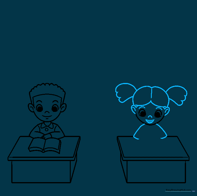 Sketch of a girl student with pigtails and arms resting on her desk.