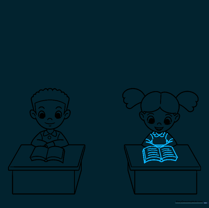 Detailed drawing of a girl student with a collared dress and an open book on her desk.