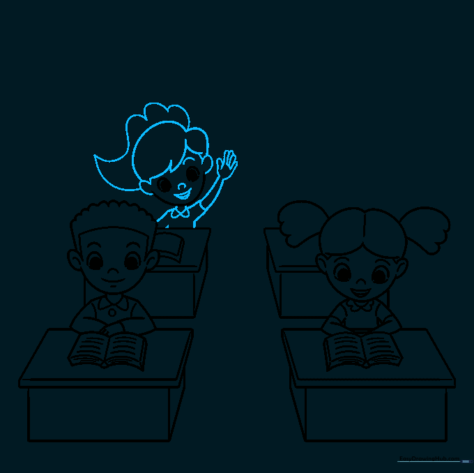 Sketch of a third student with a raised hand, sitting at a desk.