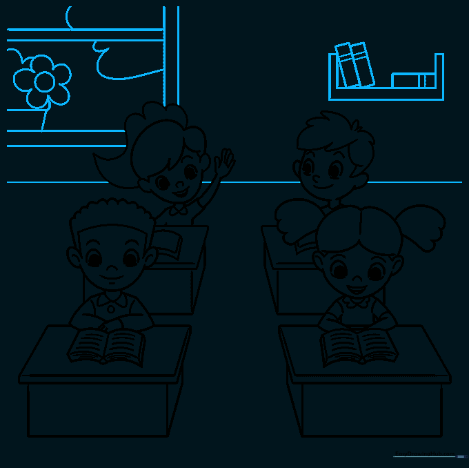 Completed line art of a classroom with a bookshelf, window, and potted plant in the background.