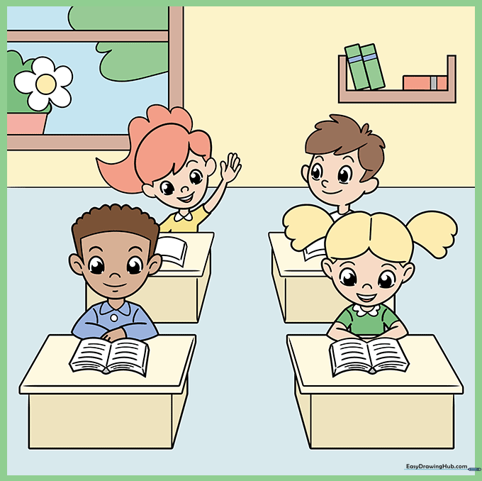 Final colored illustration of a classroom scene with happy students.