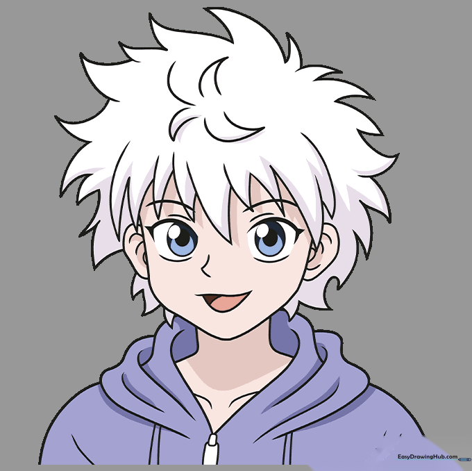 Fully colored illustration of Killua Zoldyck with blue eyes, light grey hair, and blue hoodie.